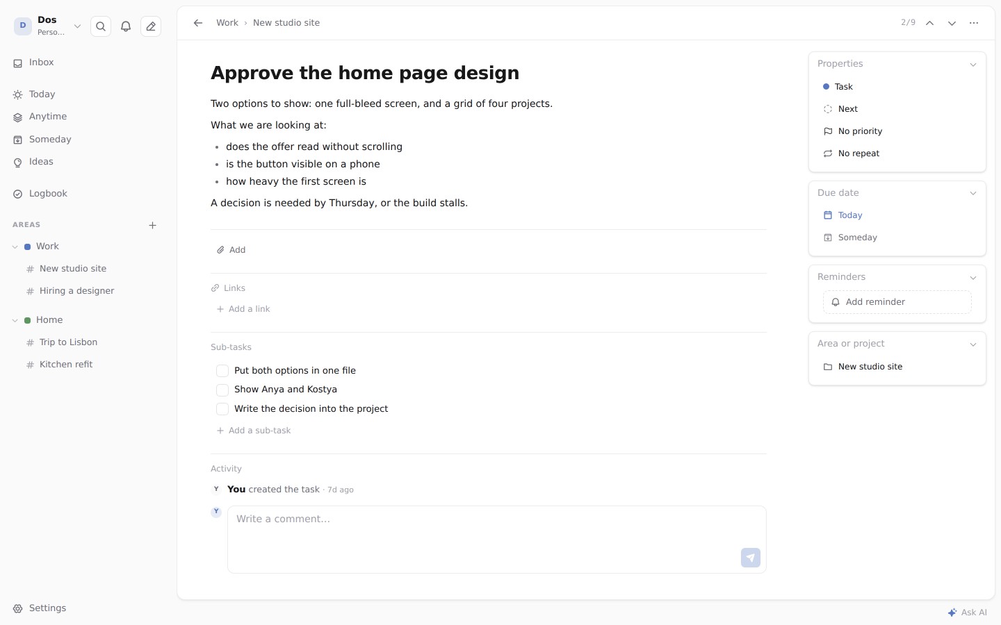 A task with its note, due date, subtasks and comments