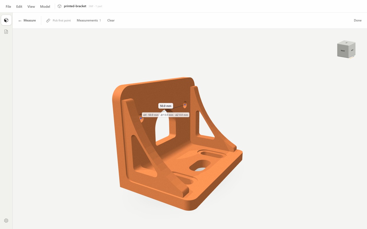 A bracket for 3D printing from a 3MF file, measured between the centres of its two holes: 50.0 mm