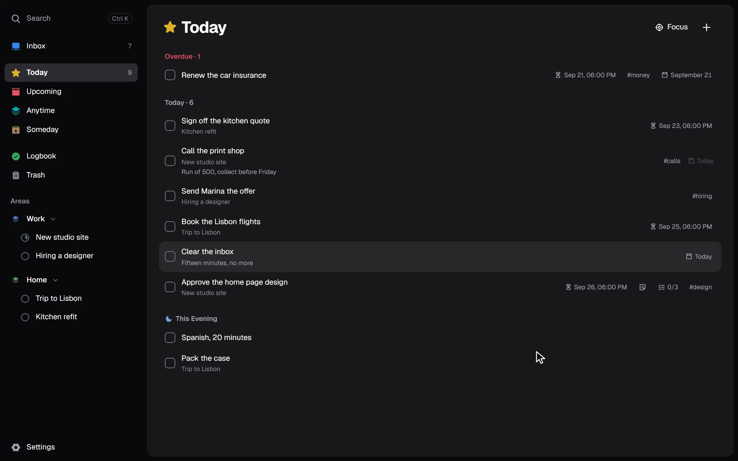 Dos in the dark theme: a task is ticked and its page opens