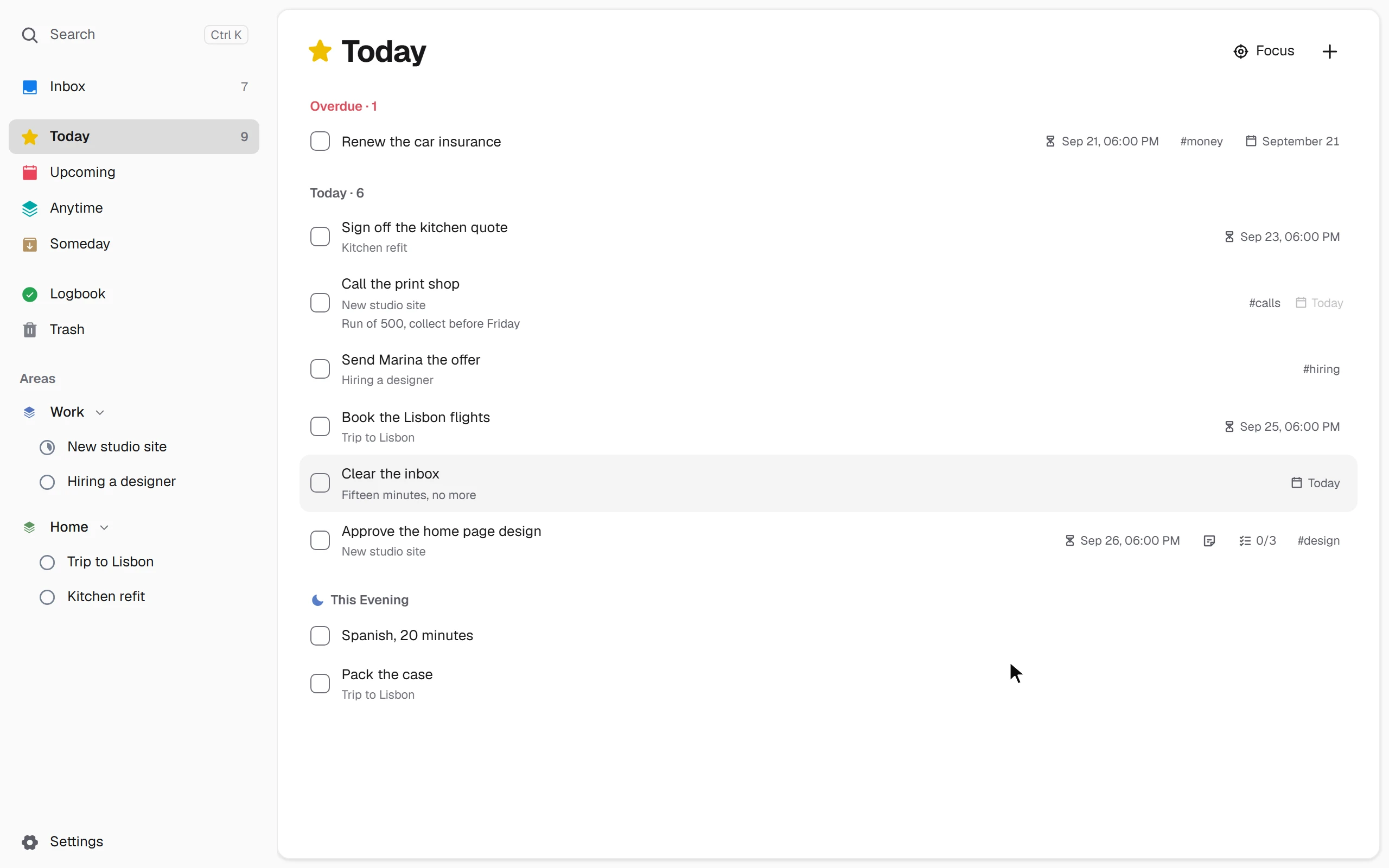 Beenokle Dos: a new task written right in the list, the inbox sorted from the keyboard, done tasks leaving today’s plan