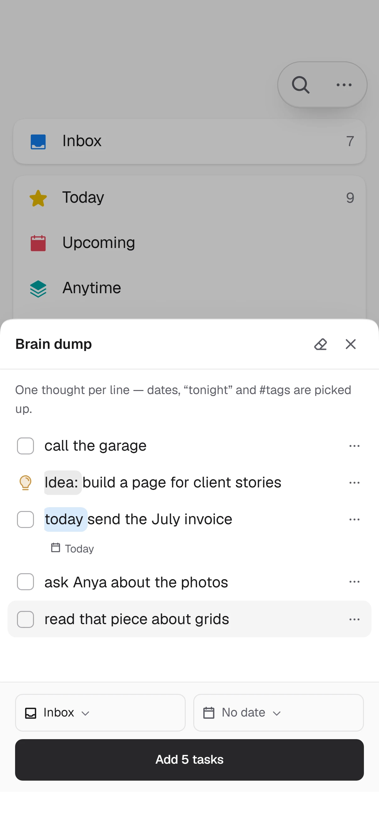Brain dump: five lines pasted at once become tasks of different kinds
