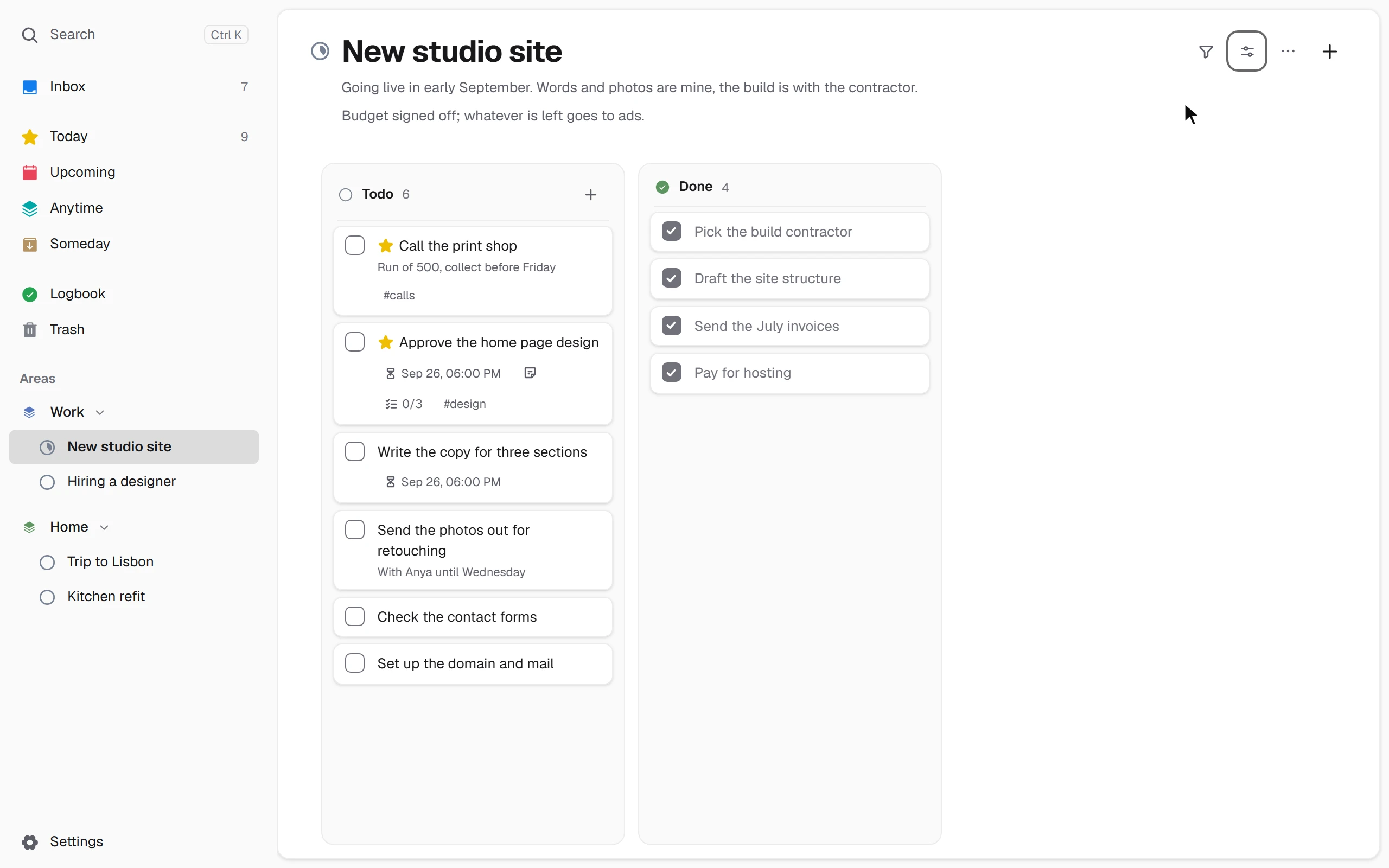 The “New studio site” project switches from a list to a board
