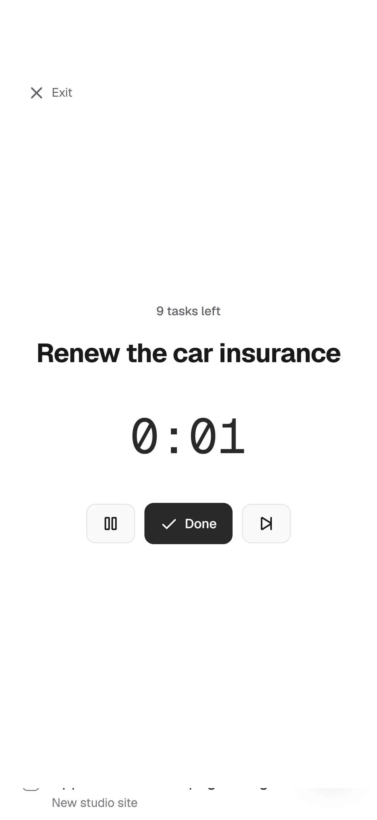 Focus mode: one task on the screen, a timer and a Done button