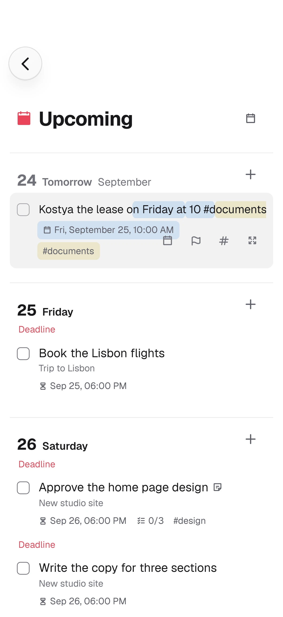 Quick Add: “on Friday at 10” and a #tag light up in the line, and the task lands on Friday in Upcoming