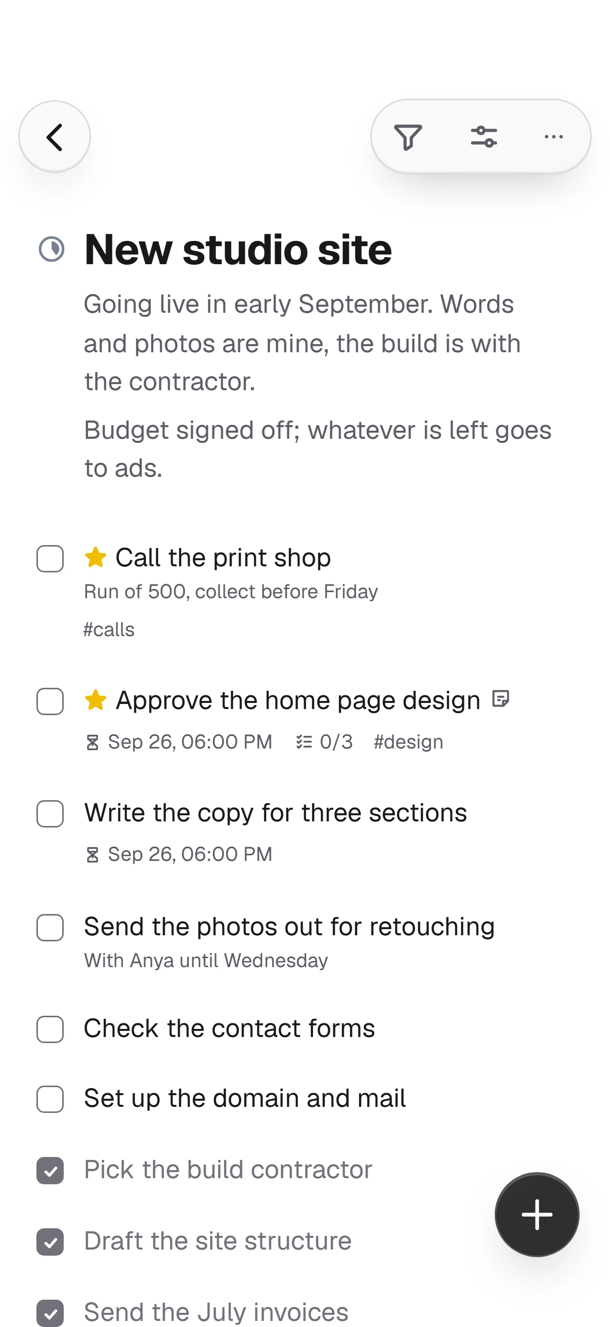 The “New studio site” project switches from a list to a board