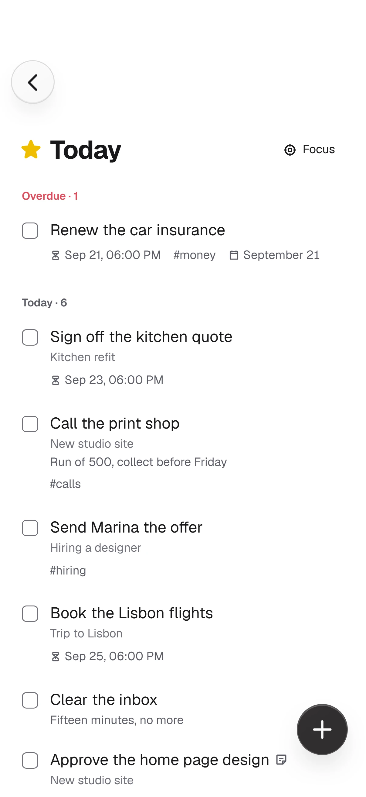 Beenokle Dos: a new task written right in the list, the inbox sorted from the keyboard, done tasks leaving today’s plan