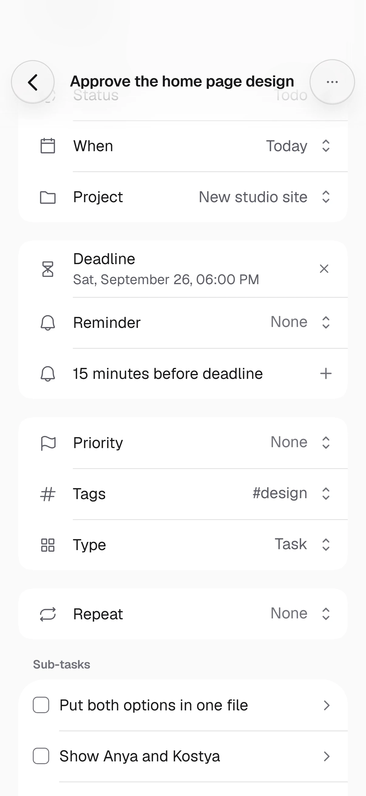 The task page: a note, subtasks ticked and added in place, the properties alongside