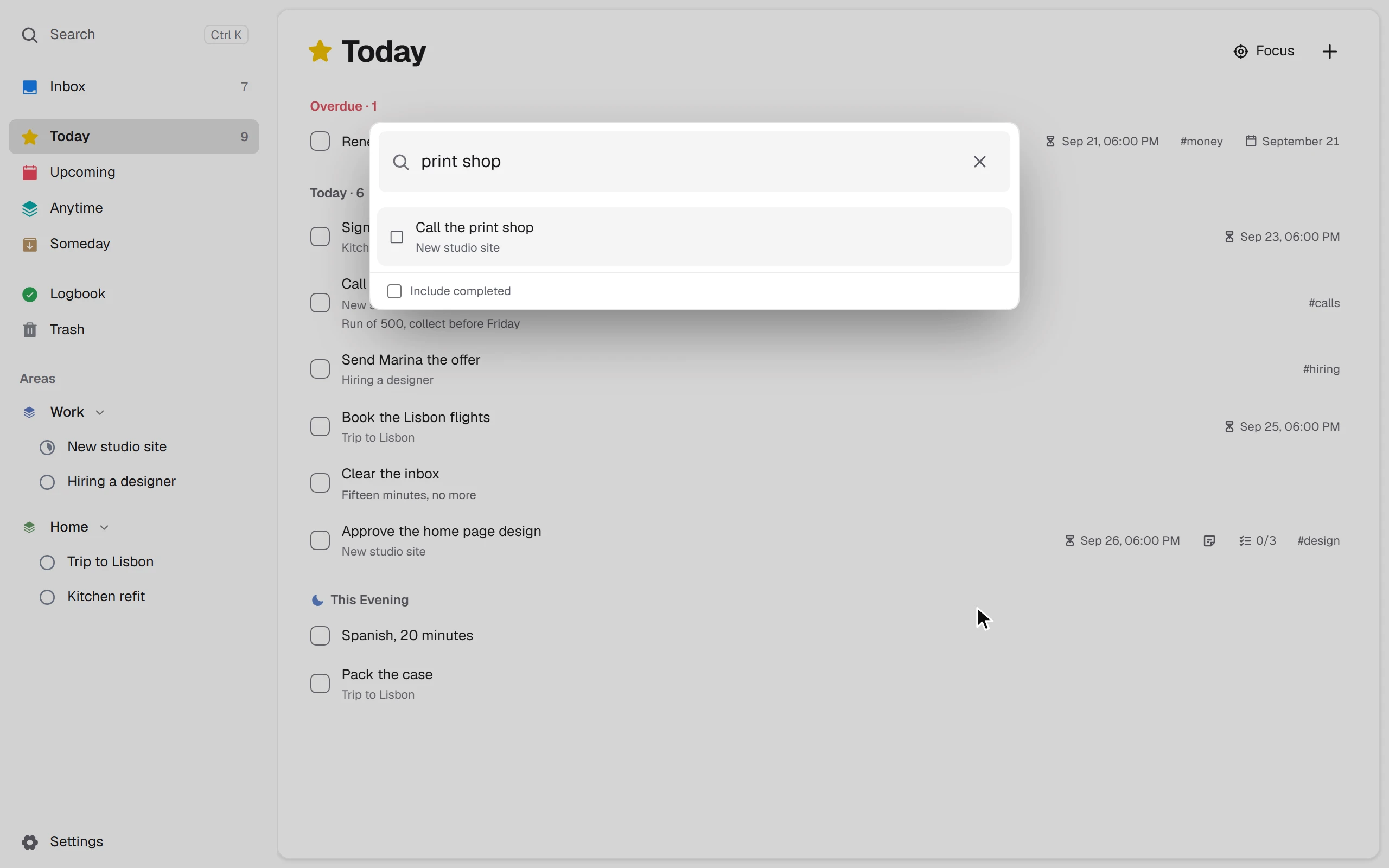 Search: a few letters find a task and open it