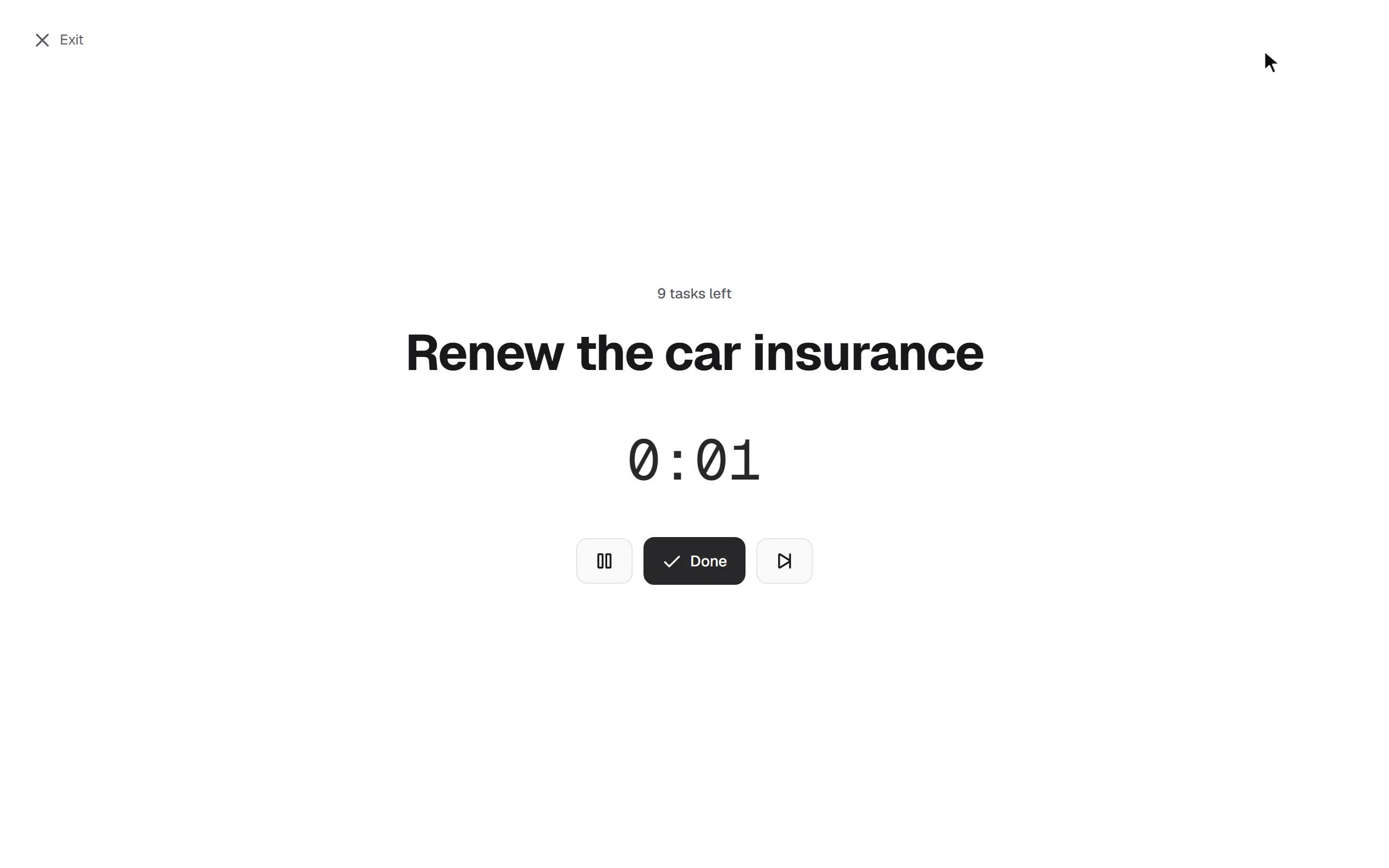 Focus mode: one task on the screen, a timer and a Done button