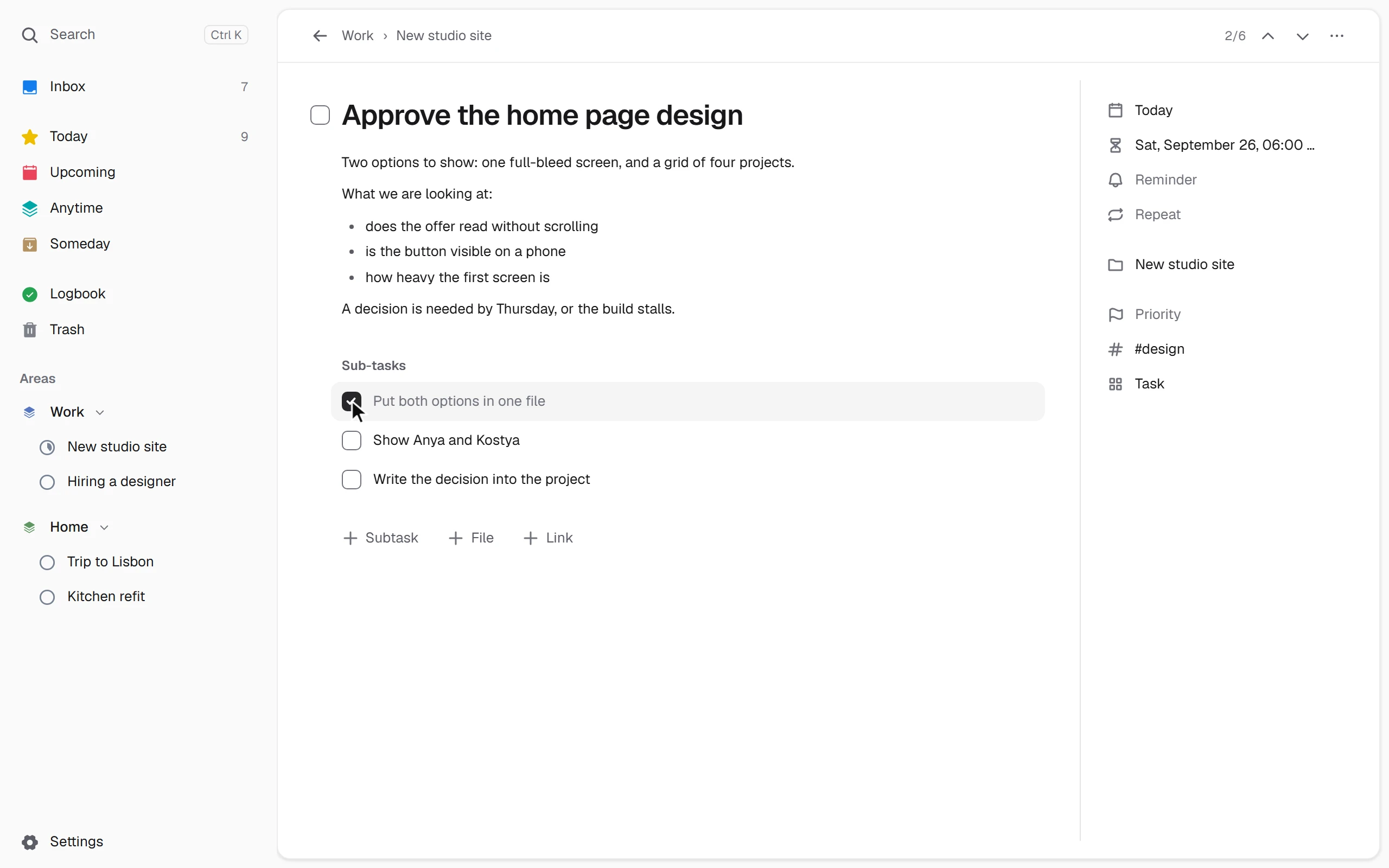 The task page: a note, subtasks ticked and added in place, the properties alongside